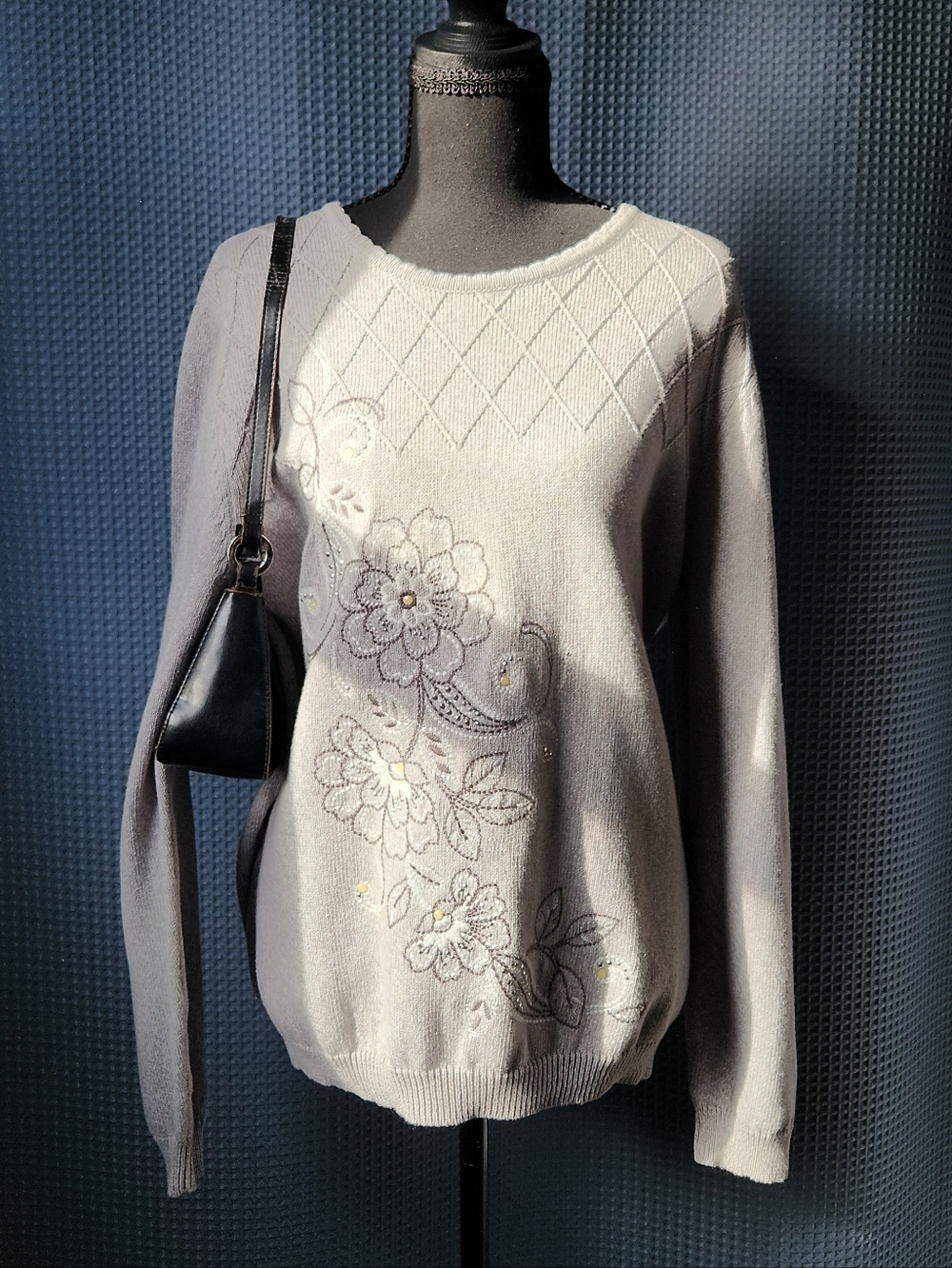 Alfred Dunner Grey Floral Embroidered Knit Sweater - Size XL